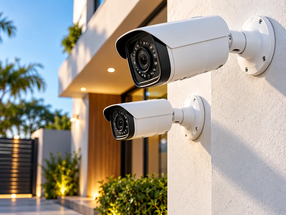 Câmeras de segurança instaladas em fachada residencial