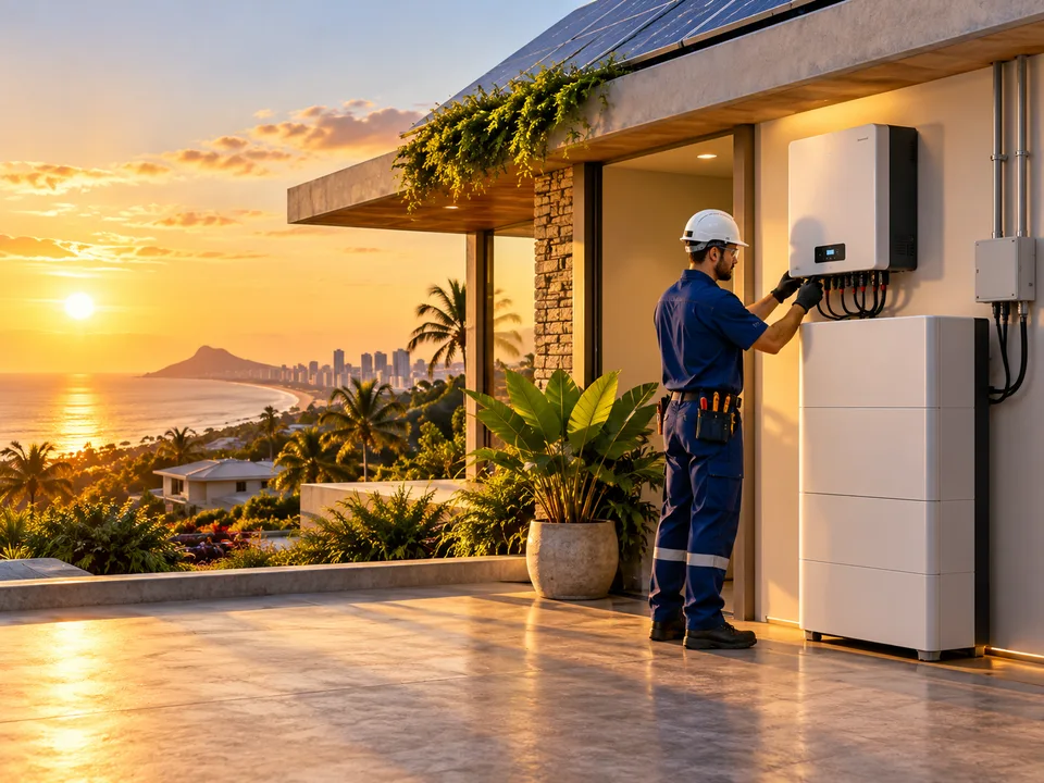 Técnico instalando sistema solar híbrido com inversor e bateria residencial