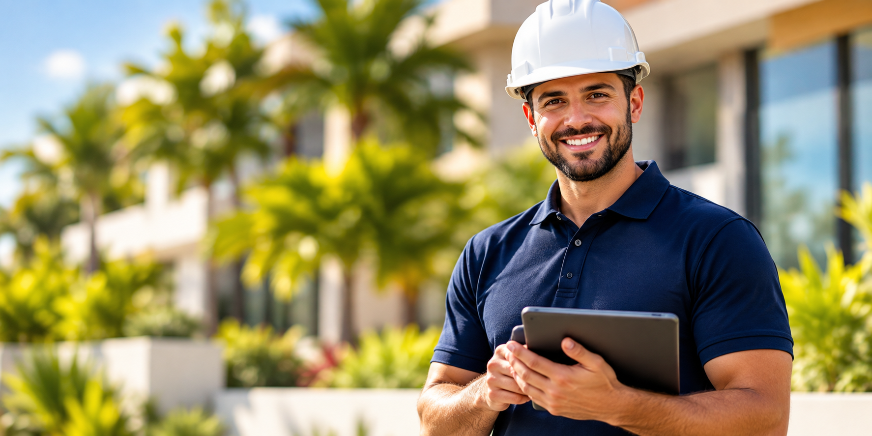 Especialista de atendimento com capacete branco e tablet