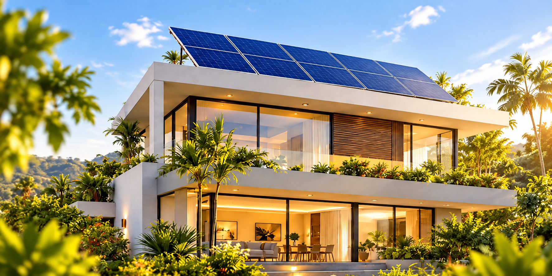 Casa contemporânea com painéis solares e jardim tropical