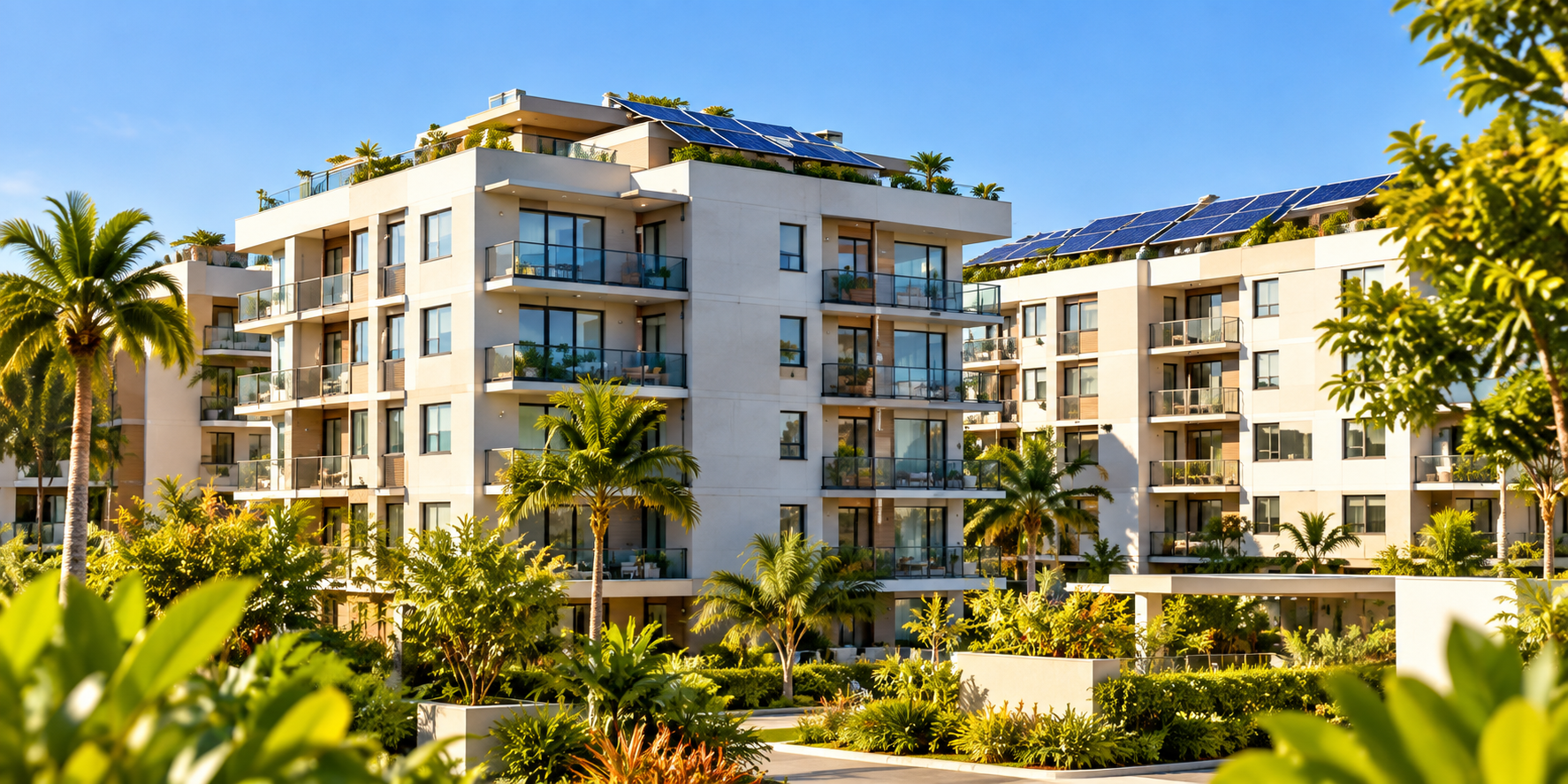Condomínio residencial com painéis solares nos telhados