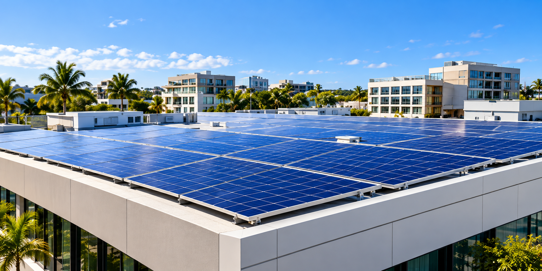 Cobertura empresarial com amplo sistema de painéis solares